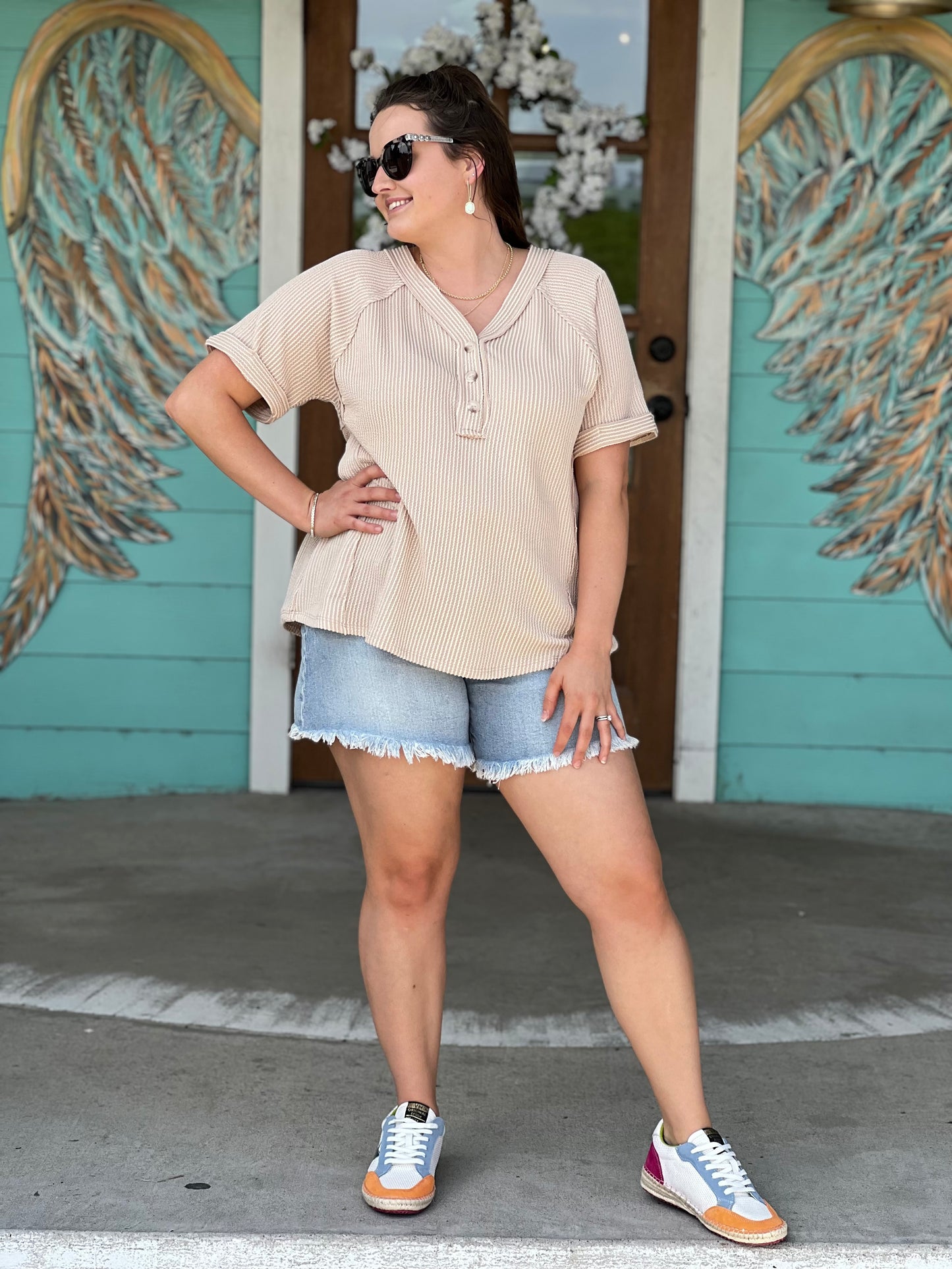 Taupe Textured V-Neck Top