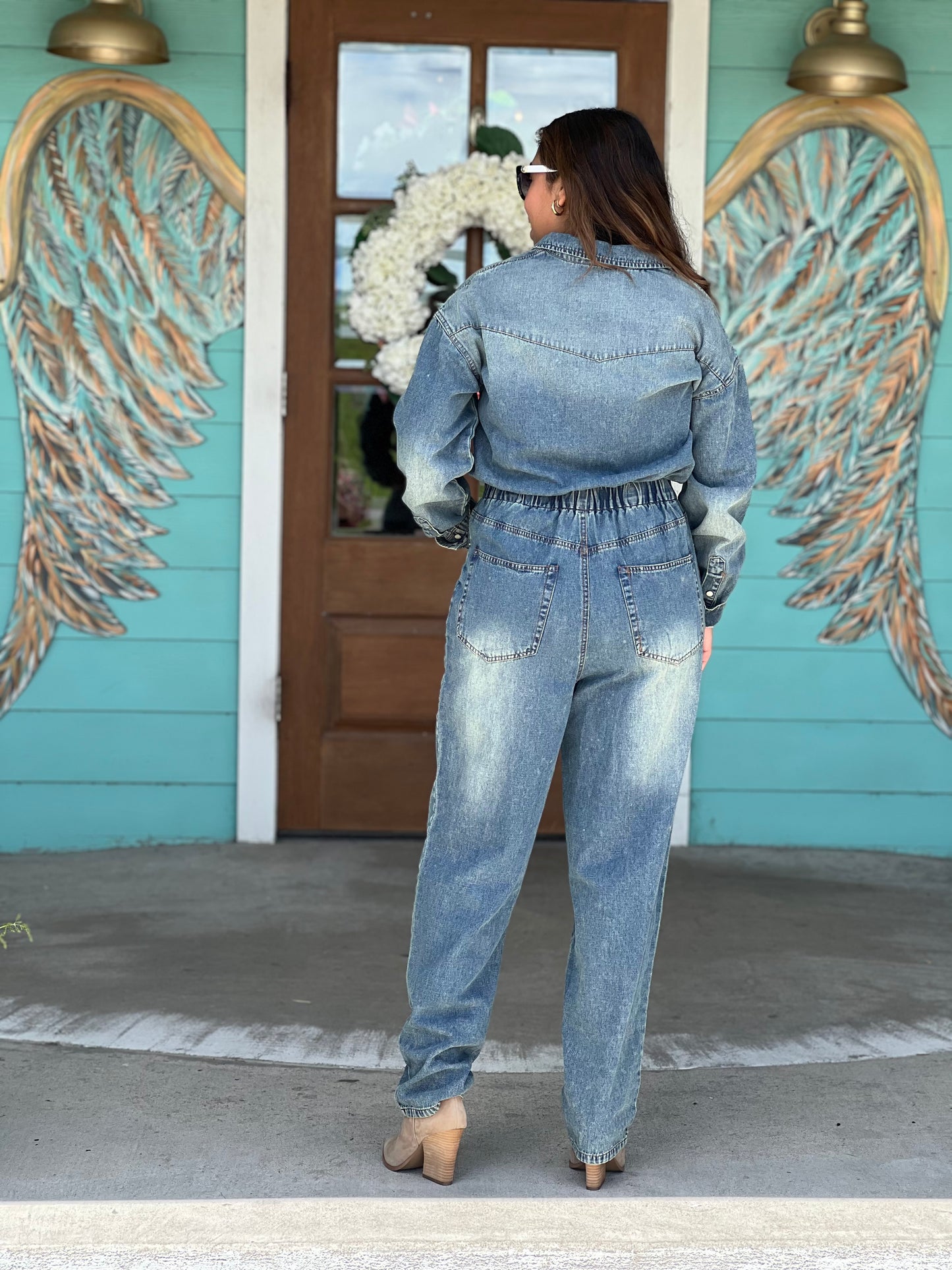 Denim Jumpsuit with Elastic Waist