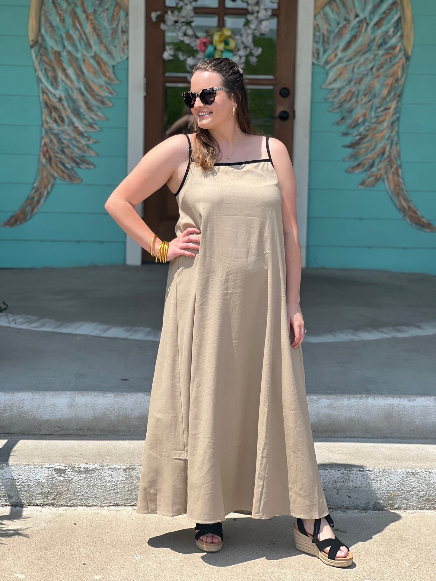 Tan Contrast Piping Maxi Dress