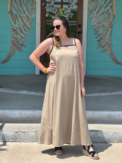 Tan Contrast Piping Maxi Dress