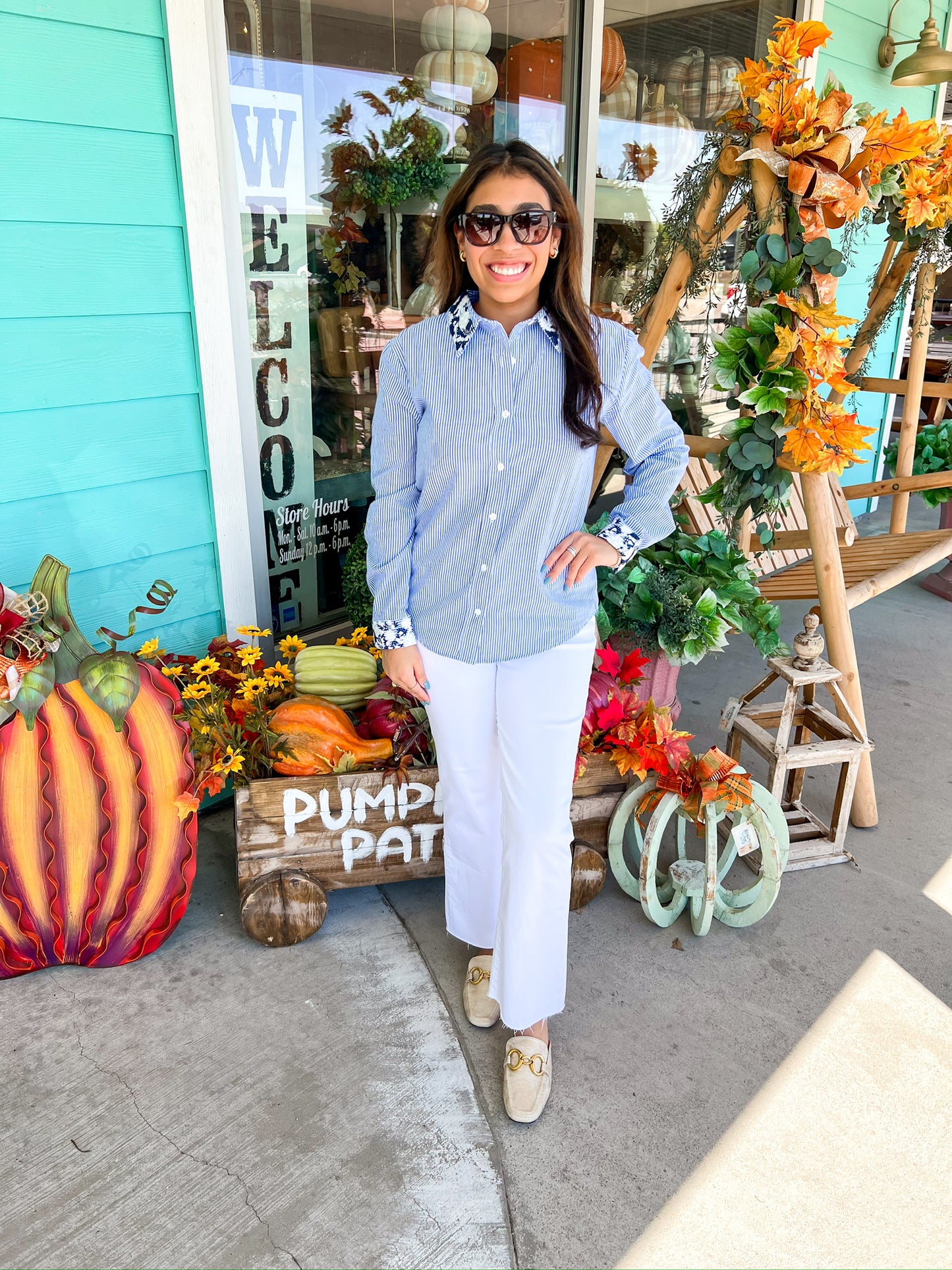 Blue Striped Micheal Embroidered Top