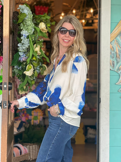 Royal Bold Floral Button Down Top