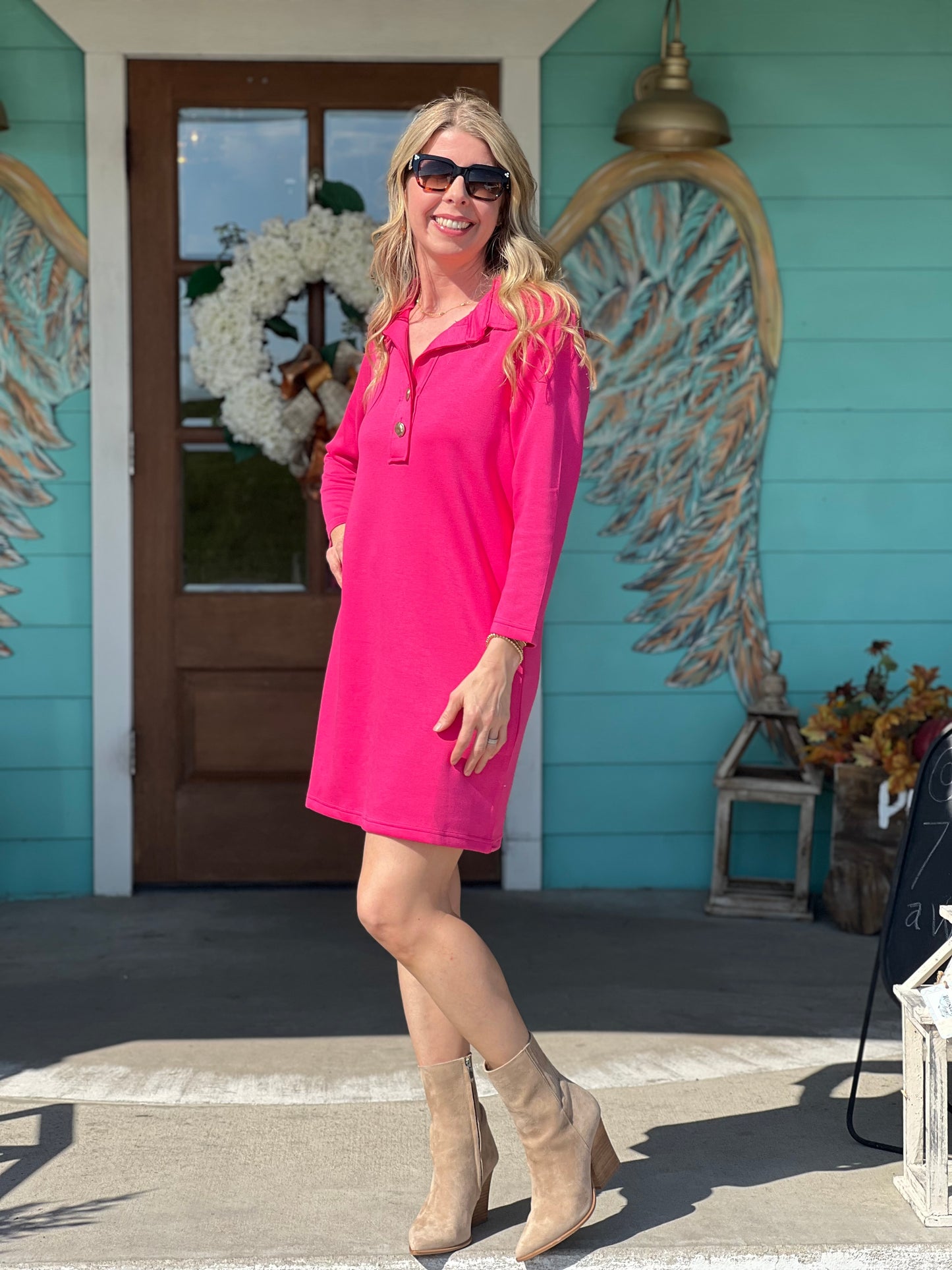 Jenni 2 Button Dress in Hot Pink