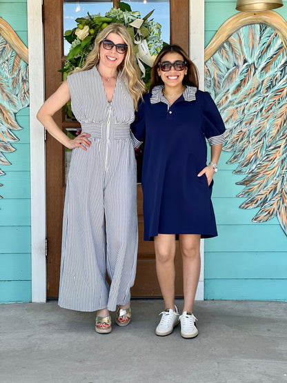 White and Navy Stripe Zipper Jumpsuit