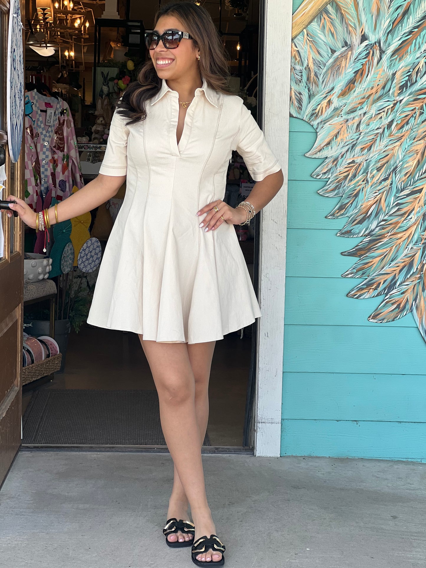 Beige Topstitch Detail Mini Dress