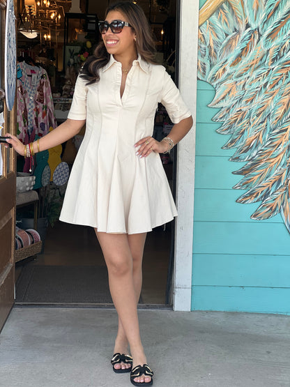 Beige Topstitch Detail Mini Dress