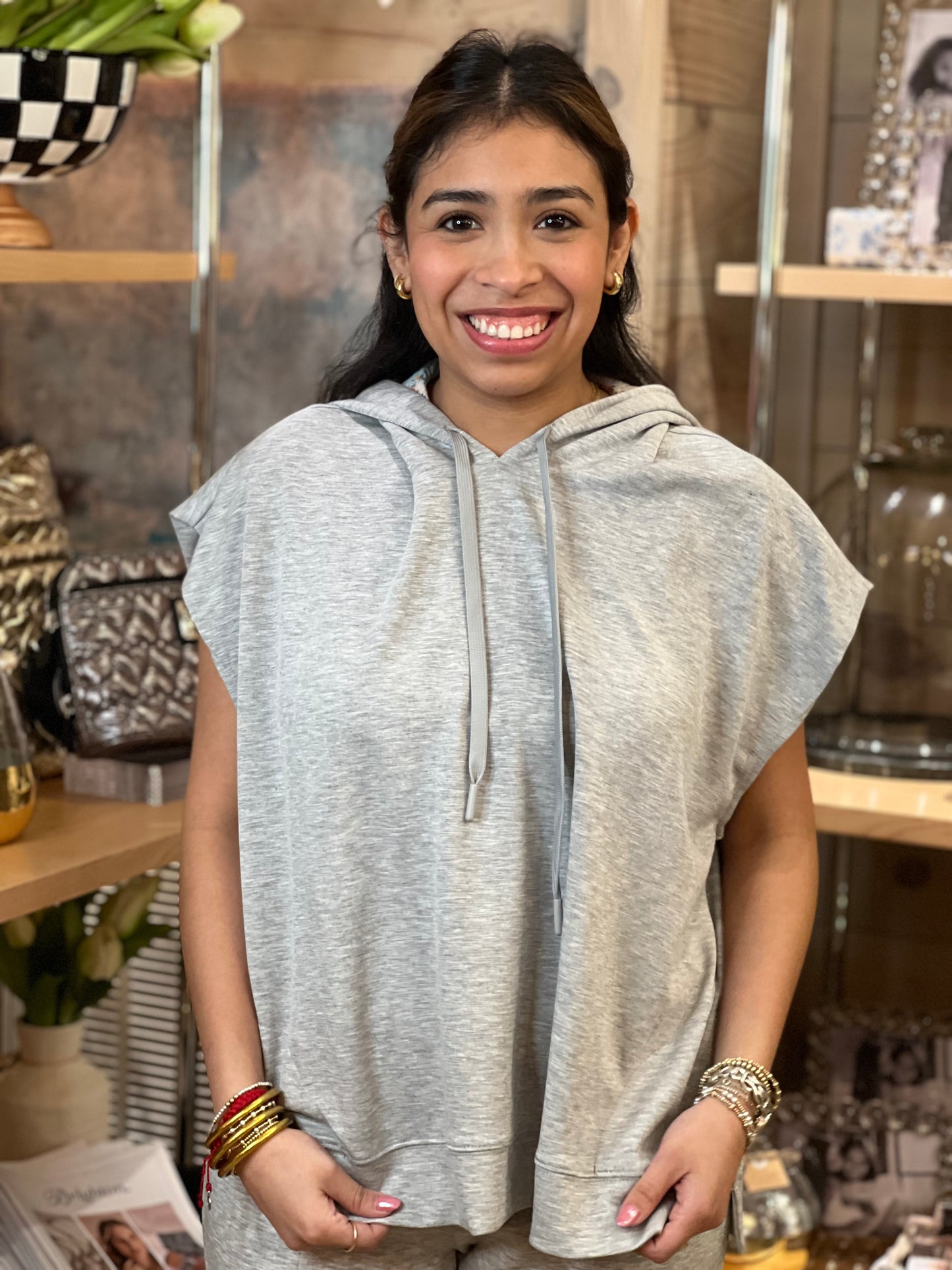 Grey Short Sleeve Hooded Pullover