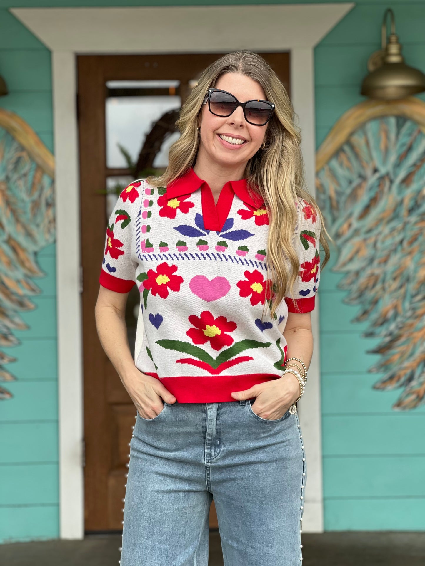 Red Floral Design Short Sleeve Top