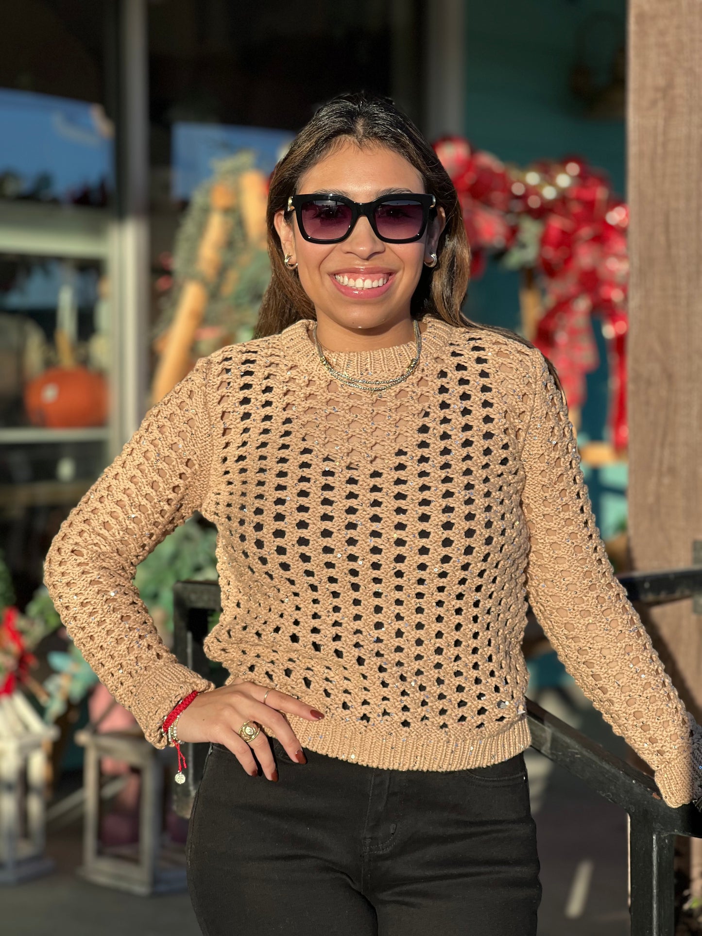 Caramel Sequin Long Sleeve Top