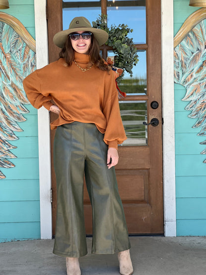 Olive Faux Leather Wide Leg Pants