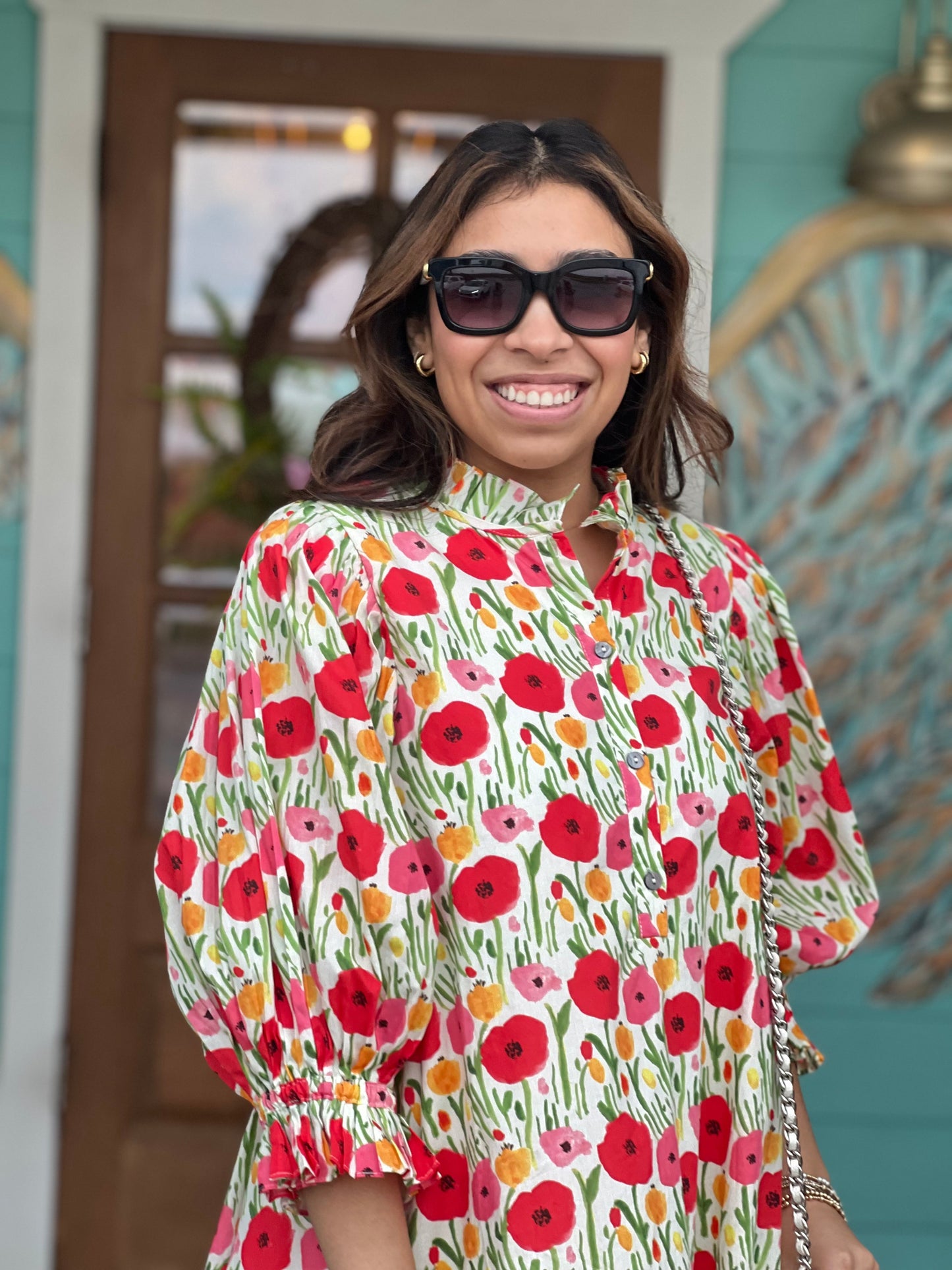 Red Floral Print w/Tie Detail Dress