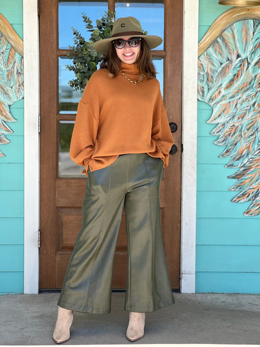 Olive Faux Leather Wide Leg Pants