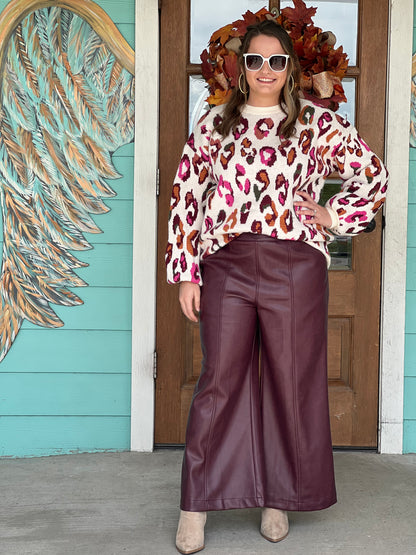 Wine Faux Leather Wide Leg Pants