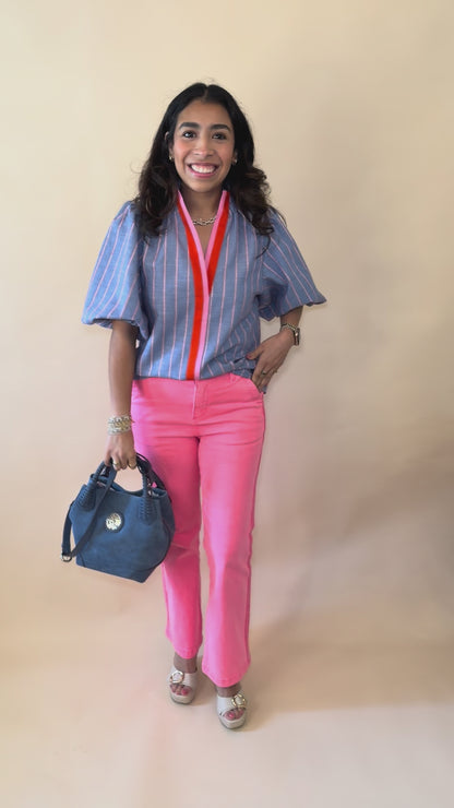 THML Blue Bubble Sleeve Striped Top