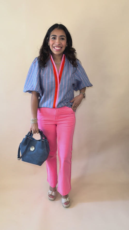 THML Blue Bubble Sleeve Striped Top