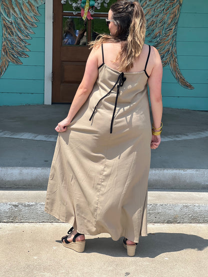 Tan Contrast Piping Maxi Dress