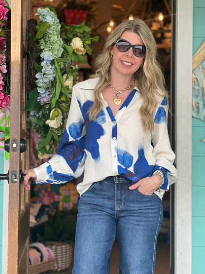 Royal Bold Floral Button Down Top