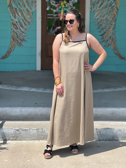 Tan Contrast Piping Maxi Dress