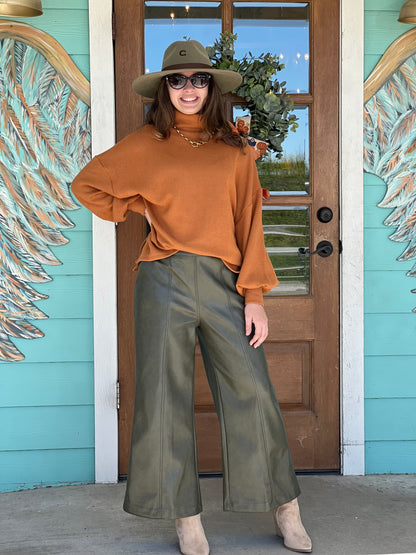 Olive Faux Leather Wide Leg Pants