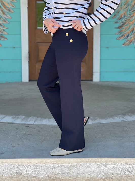 Navy Gold Button Straight Leg Pants