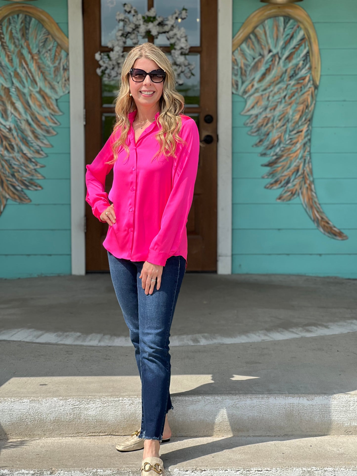 Pretty in Pink Satin Button Down Shirt