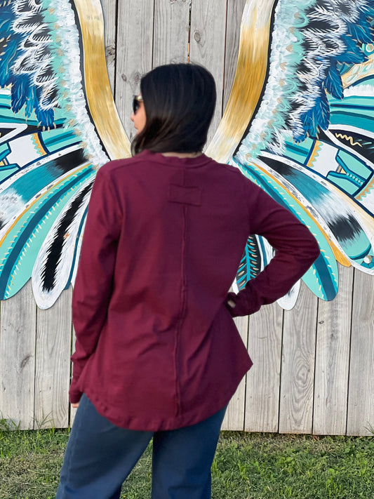 Burgundy BUTTON CLOSURE LONG SLEEVE TOP