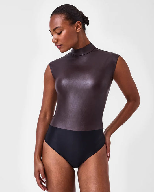 Spanx Chocolate Faux Leather Mock Neck Bodysuit