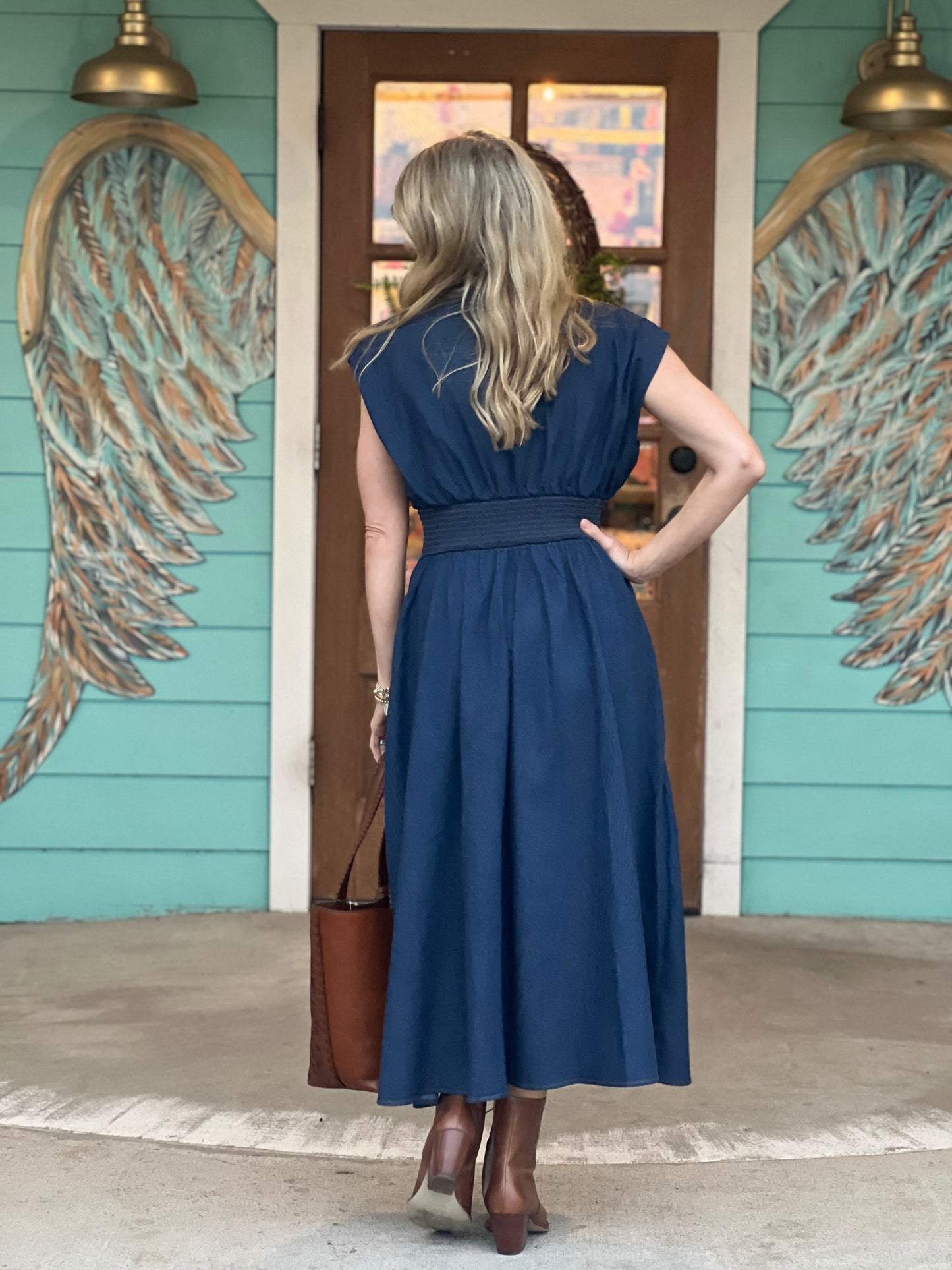 Dark Denim Front Zip Smocked Midi Dress