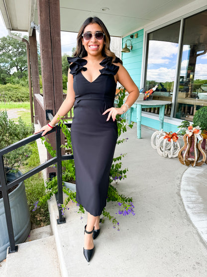 Black V-Neck Flounce Shoulder Midi Dress