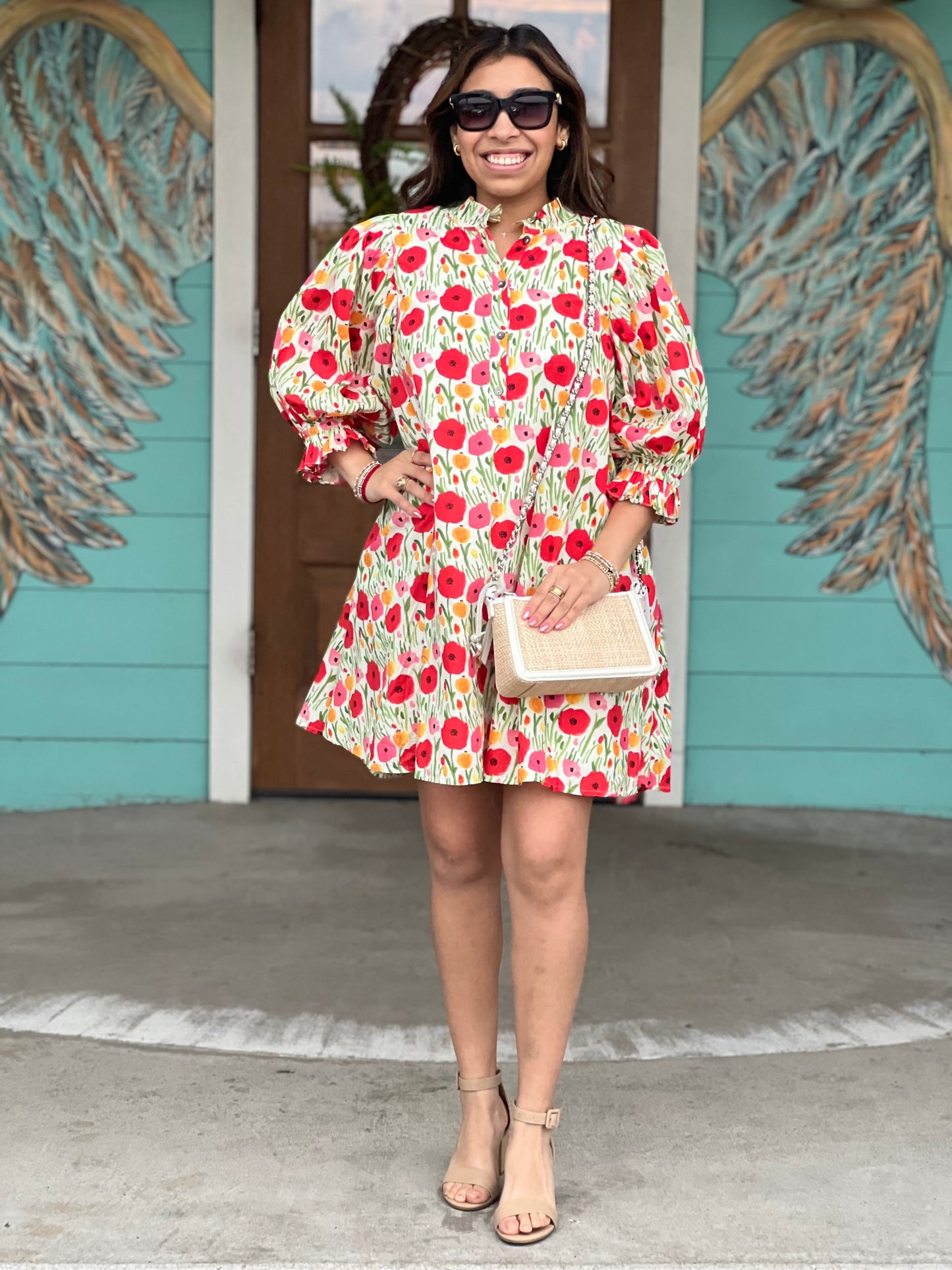 Red Floral Print w/Tie Detail Dress