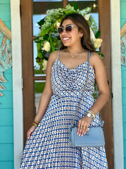 Blue Print Pleated Cami Dress