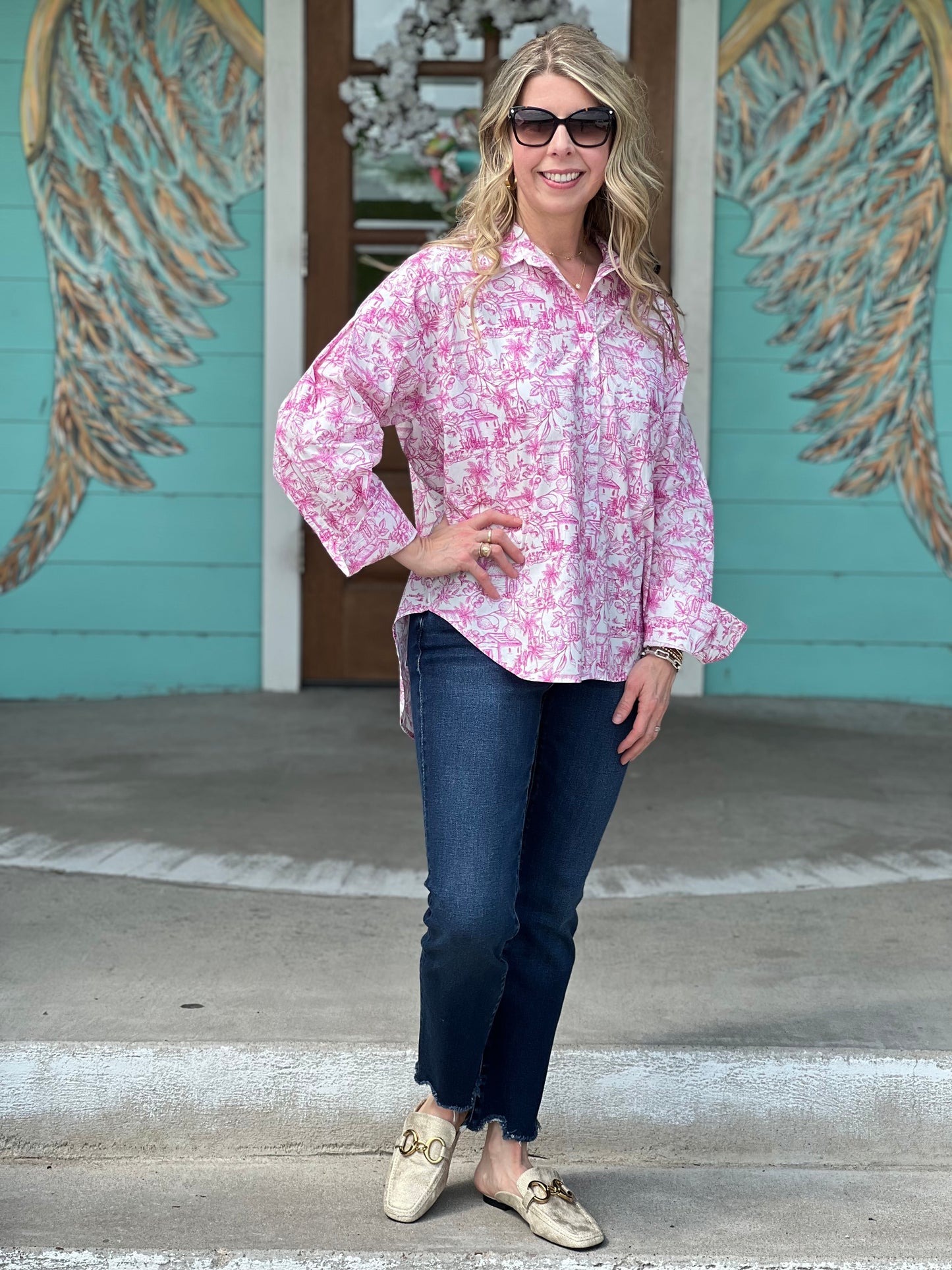 Pink Magnolia Print Button Up Shirt