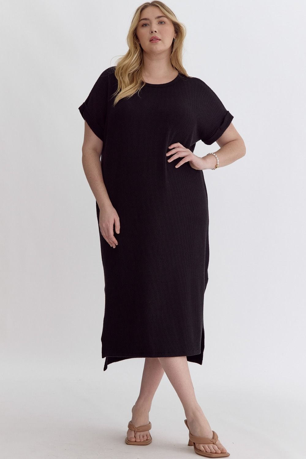 Black Textured Knit Midi Dress