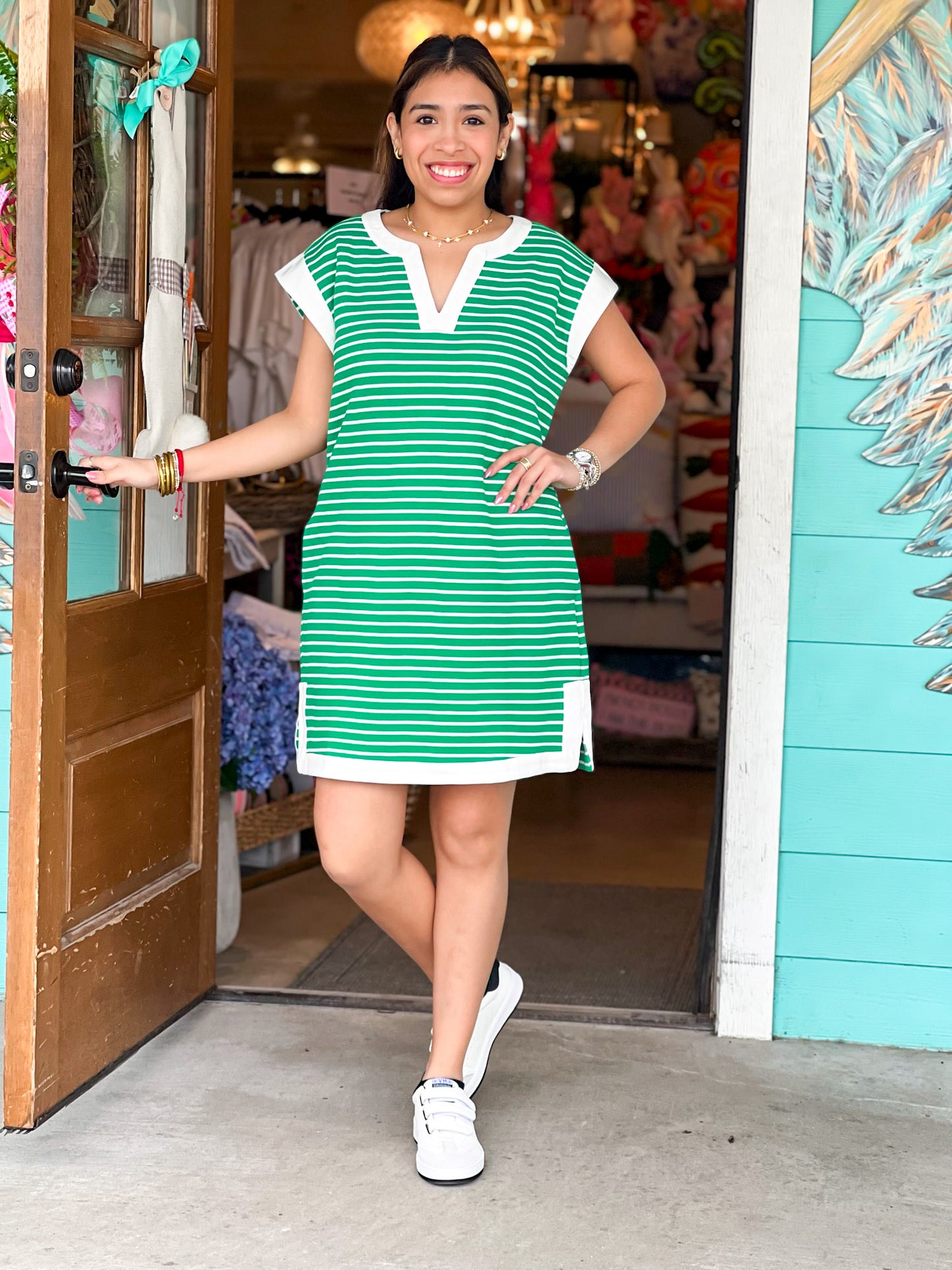 Green & White Kayla Striped Dress