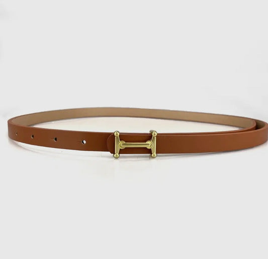 Brown Thin Belt Gold Bar Buckle