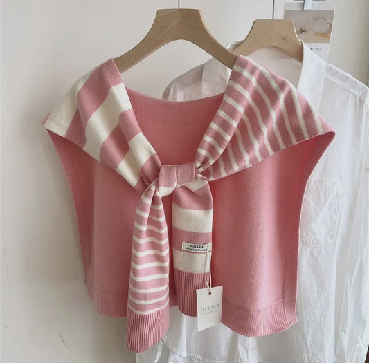 Pink Striped Knit Tie Shawl