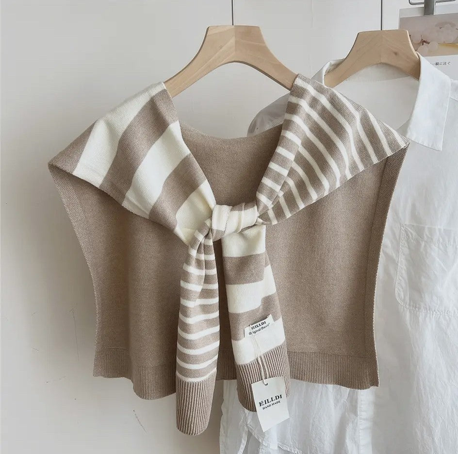 Taupe Striped Knit Tie Shawl