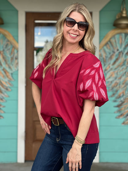 Red Top w/Embroidery Sleeve Detail