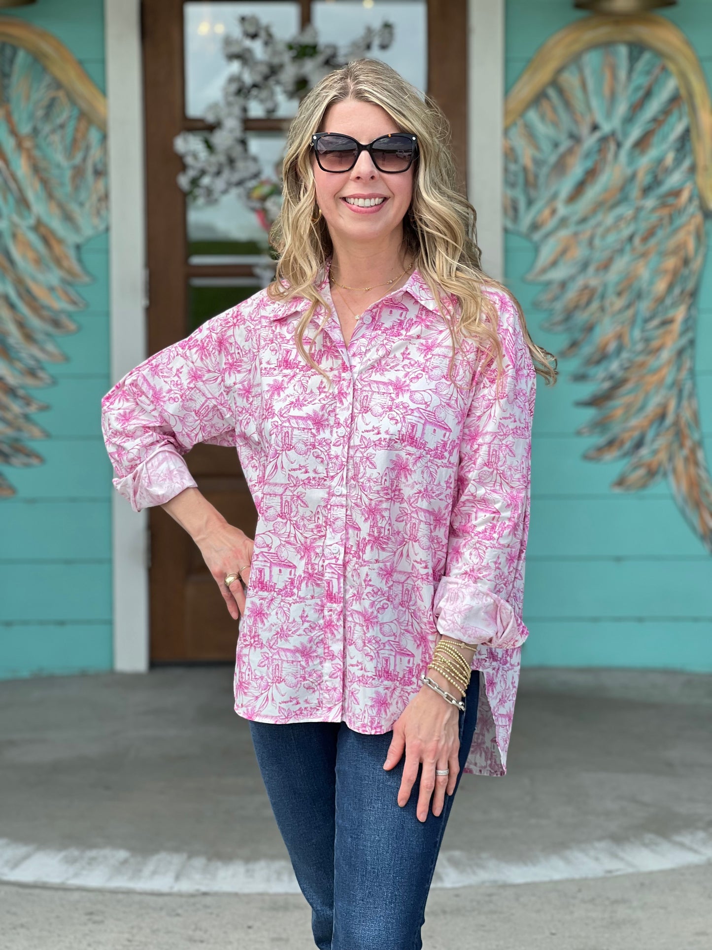 Pink Magnolia Print Button Up Shirt