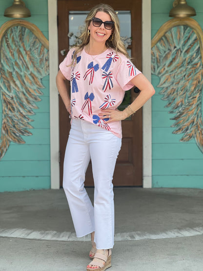 Queen of Sparkles Light Pink Bow Tee