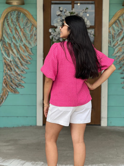 Bold Pink Pearl Trim Tweed Top