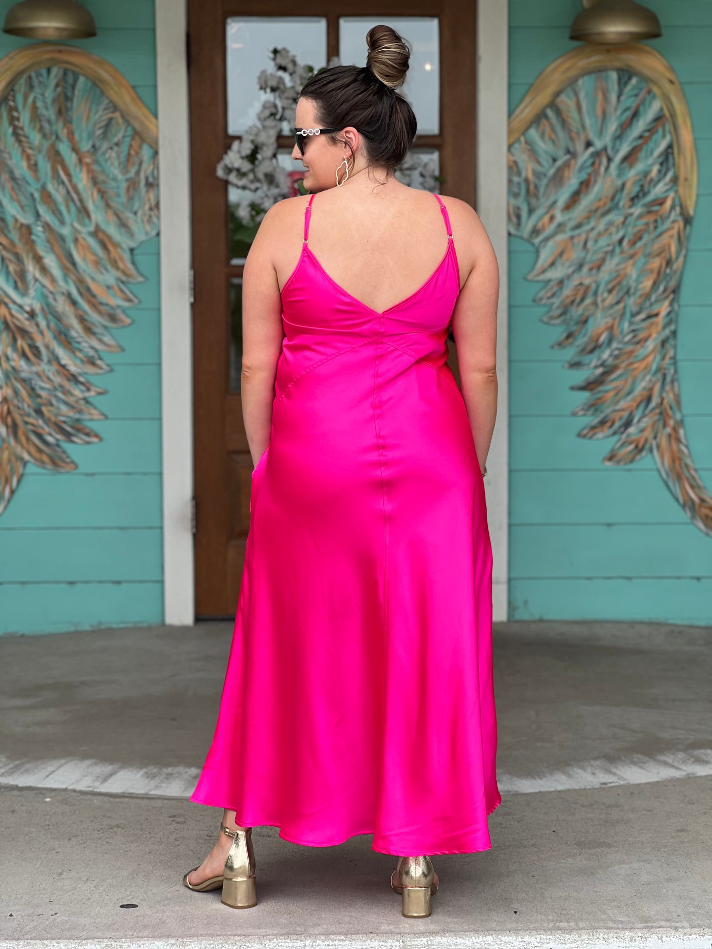 Hot Pink Satin Midi Dress