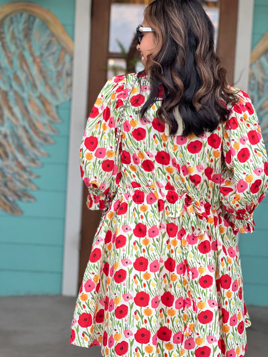 Red Floral Print w/Tie Detail Dress