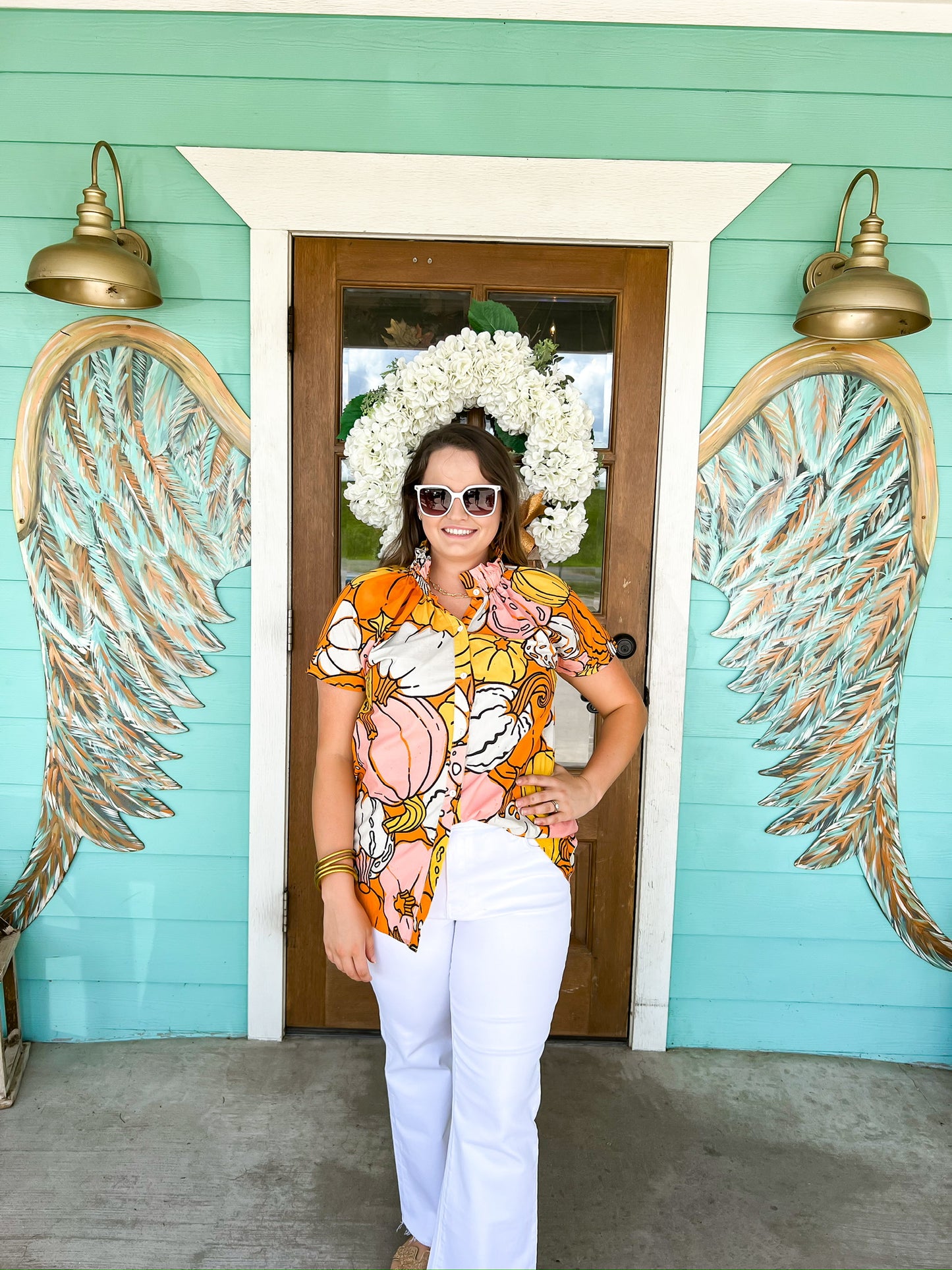 Multi Pumpkin Button Up Top