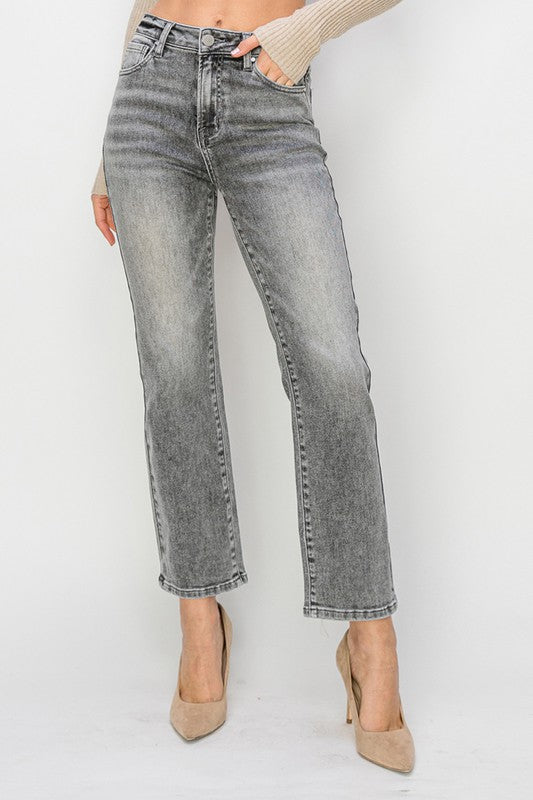 Risen Grey High Rise Crop Straight Jeans