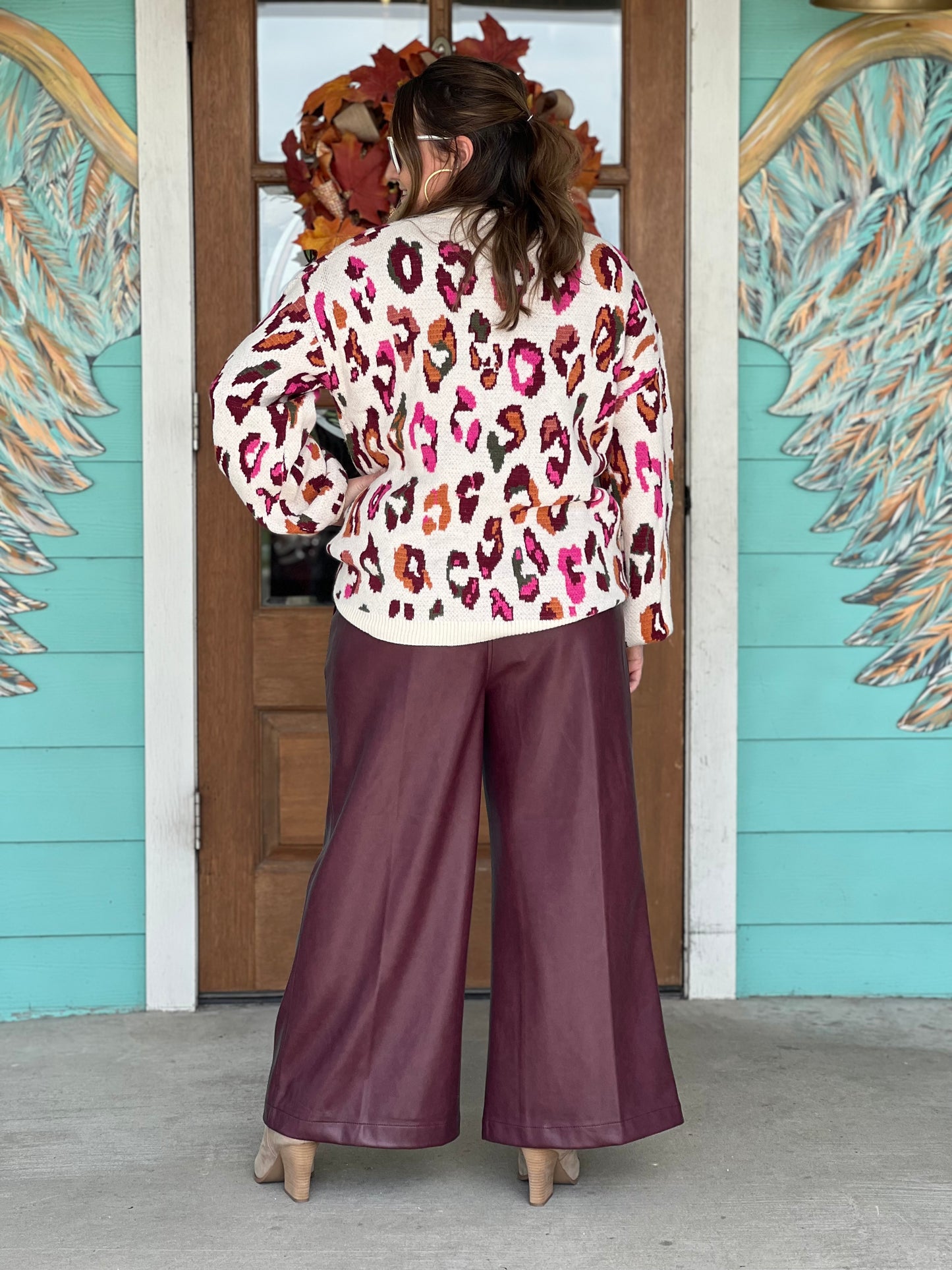 Wine Faux Leather Wide Leg Pants