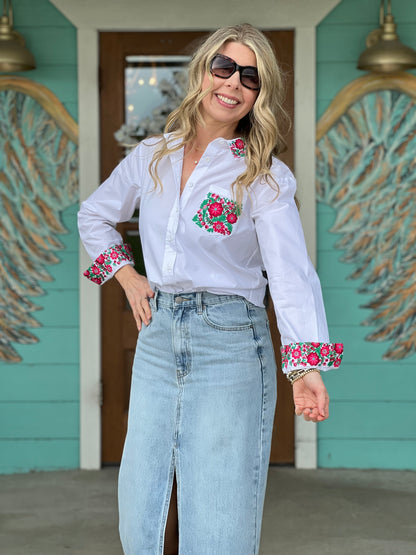 Tilly Floral Embroidered Detail White Shirt