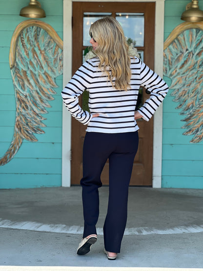 Navy Gold Button Straight Leg Pants