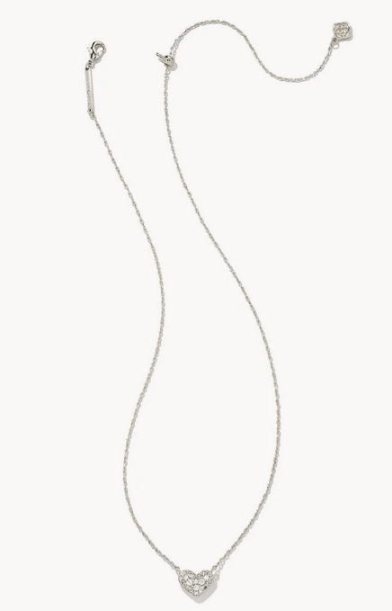 Kendra Scott Ari Silver Pave Crystal Heart Necklace in White Crystal