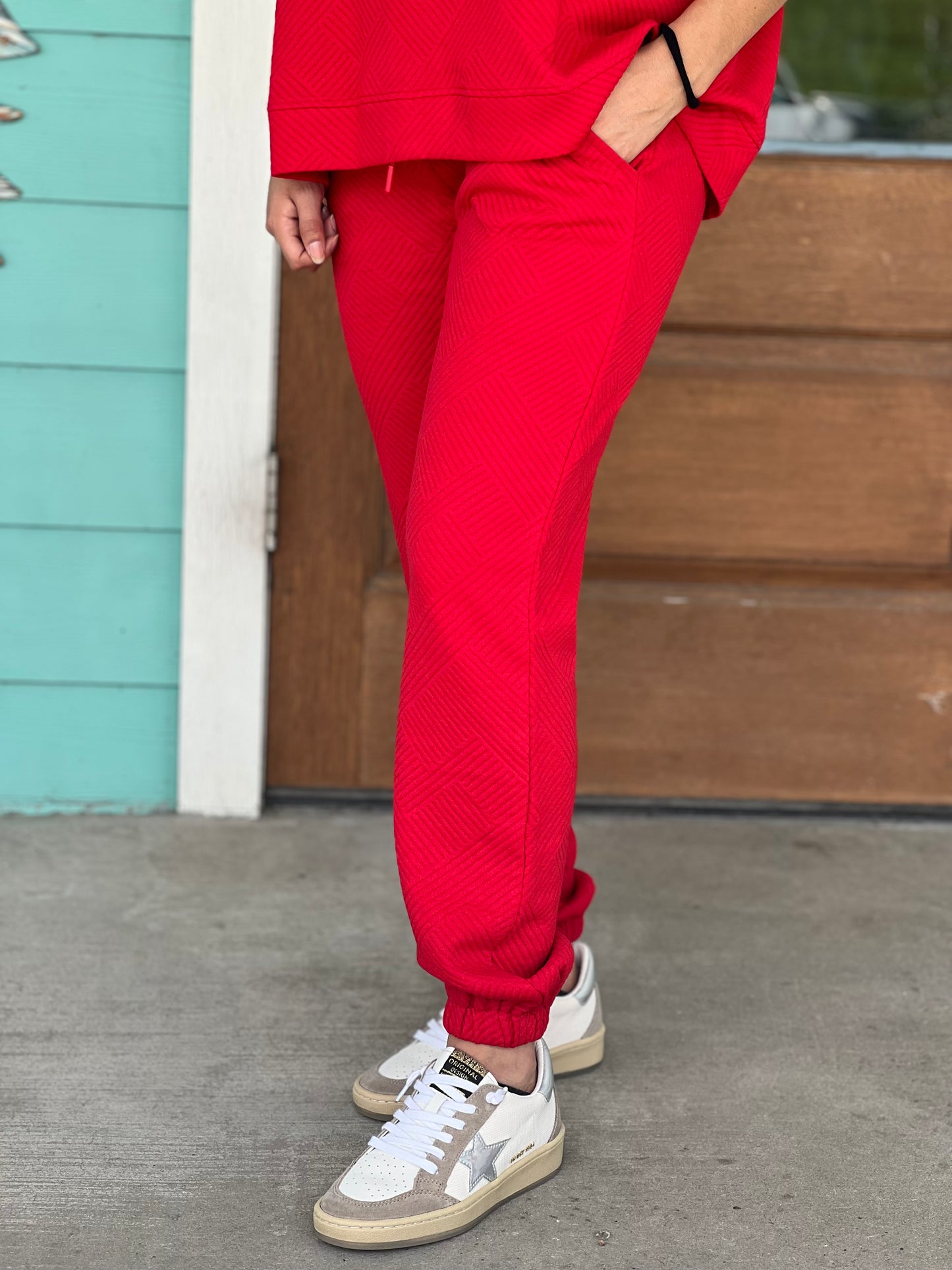 Red Textured Jogger Pants